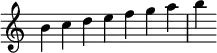 {
\override Score.TimeSignature #'stencil = ##f
\relative c'' { 
  \clef treble 
  \time 7/4 b4c d e f g a b
} }