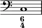 {
\clef bass
\time 4/4 
<<
\override Score.TimeSignature
#'stencil = ##f
\relative c { 
   <c>1
   }
  \figures {
    <6 4>
  }
>>
}