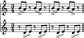 \relative c'' {
\time 3/4
<<\new Staff {b8-> (a) r b (a->) r b-> (a) r b (a->) r}
\new Staff {r d, -> (e) r d-> (e) r d-> (e) r d-> (e)}>>
\bar "||"
}