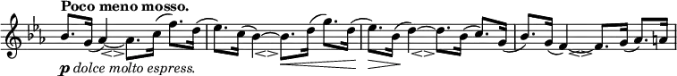 \relative c' \new Staff \with { \remove "Time_signature_engraver" } {
\key es \major \time 4/4 \tempo "Poco meno mosso."
bes'8. _\markup { \dynamic p \italic { dolce molto espress. } } g16( << aes4)~ { s8 s8_\espressivo } >> aes8. c16( f8.) d16( es8.) c16( << bes4)~ { s8 s8_\espressivo } >> bes8.\< d16( g8.) d16
( es8.)\> bes16\!( << d4)~ { s8 s8_\espressivo } >> d8. bes16( c8.) g16( bes8.) g16( << f4)~ { s8 s8_\espressivo } >> f8. g16( aes8.) a16
}