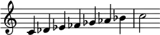 {
\override Score.TimeSignature #'stencil = ##f
\relative c' {
  \clef treble \time 7/4
  c4 des es fes ges aes bes c2 }
}