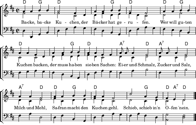\header { tagline = ##f }
\layout { indent = 0
  \context { \Score \remove "Bar_number_engraver" }
  \context { \Voice \remove "Dynamic_engraver" }
}
global = { \key d \major \time 2/2 }
kords = \chordmode { \set midiInstrument = "acoustic guitar (nylon)"
  \global \set chordChanges = ##t
  d,2\ppp g, | d,1 | d,2 g,2 | d,1 |
  \set chordChanges = ##f d,2 g, | d,1 | \set chordChanges = ##t d,2 g,2 | d,1 |
  a,2:7 d, | a,:7 d, | a,:7 d, |
  \set chordChanges = ##f d, g, | d,1 | \set chordChanges = ##t d,2 g, | d,4 a,4:7 d,2 \bar "|."
}
sopranoVoice = \relative c'' { \set midiInstrument = #"celesta"
  \global \autoBeamOff
  a4 a b b | a2  fis4 d | a' a b b | a2 fis2 |
  a4 a b b | a a fis4 d | a' a b b | a a fis fis |
  a8 a a4 fis2 | a8 a a4 fis2 | a4 a fis2 |
  a4 a b b | a a fis2 | d' a4 g | fis e d2 \bar "|."
}
altovoice = \relative c' { \global
  fis2\ppp d | fis cis | d4 fis d e | fis d cis2 |
  d fis | cis cis | d4 fis d e | fis d cis2 |
  d4 cis d2 | d4 cis d2 | d4 cis d2 |
  fis4 cis d e | fis d cis2 |
  d cis4 d | cis2 d2 \bar "|."
}
tenorvoice = \relative c { \global
  d4\pp d, g b | d fis a g | fis d b g | d' fis a g |
  fis e d b | fis' g a g | fis d b g | d' fis a g |
  fis a b2 | fis4 a b2 | fis4 a d,2 |
  d4 fis b, g | d' fis a g |
  fis a fis d | <g a,>2 <fis d> \bar "|."
}
verse = \lyricmode {
  Ba -- cke, ba -- cke Ku -- chen,
  der Bä -- cker hat ge -- ru -- fen.
  Wer will gu -- ten Ku -- chen ba -- cken,
  der muss ha -- ben sie -- ben Sa -- chen:
  Ei -- er und Schmalz,
  Zu -- cker und Salz,
  Milch und Mehl,
  Sa -- fran macht den Ku -- chen gehl.
  Schieb, schieb in'n O -- fen 'nein.
}
\score {
  \new ChoirStaff <<
    \new ChordNames { \kords }
    \new Staff
    <<
      \new Voice = "soprano" { \voiceOne \sopranoVoice }
      \addlyrics { \verse }
      \new Voice = "alto" { \voiceTwo \altovoice }
    >>
    \new Staff
    <<
      \clef bass
      \new Voice = "tenor" { \tenorvoice }
    >>
  >>
  \layout { }
}
\score { << \kords \\ \sopranoVoice \\ \altovoice \\ \tenorvoice >>
  \midi {
    \tempo 2=90
    \context { \Staff \remove "Staff_performer" }
    \context { \Voice \consists "Staff_performer" }
  }
}
% Chords from Commons score; accompaniment from ingeb.org