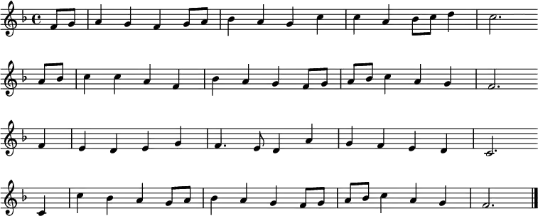 \new Staff <<
\clef treble \key f \major {
      \time 4/4 \partial 4     
      \relative f' {
	f8 g | a4 g f g8 a | bes4 a g c | c a bes8 c d4 | c2. \bar"" \break
        a8 bes | c4 c a f | bes a g f8 g | a bes c4 a g | f2. \bar"" \break
        f4 | e d e g | f4. e8 d4 a' | g f e d | c2. \bar"" \break
        c4 | c' bes a g8 a | bes4 a g f8 g | a bes c4 a g | f2. \bar"|."
      }
    }
%\new Lyrics \lyricmode {
%}
>>
\layout { indent = #0 }
\midi { \tempo 4 = 86 }
