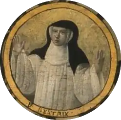 Portrait painting of Beatrice of Nazareth in a nun's habit holding up her hands