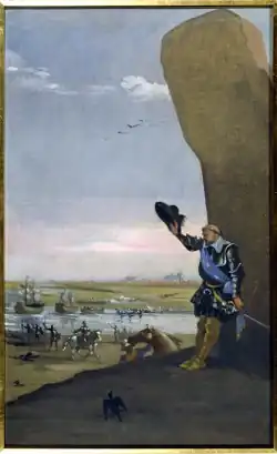 A man in medieval combat clothing waves his hat while leaning against a massive stone; the background contains footsoldiers and cavalry with ships on the river behind and a town in the distance